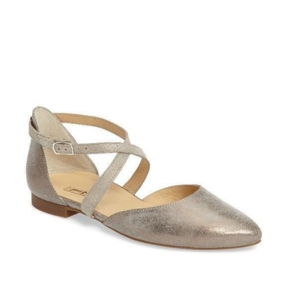 Paul Green Metallic Silver Leather Pointed Toe Ankle Strap D Orsay Flat Size 7.5